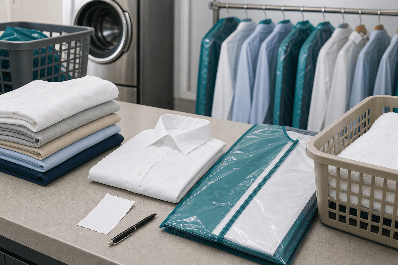 Folded laundry, a garment bag, and a receipt on a laundry counter